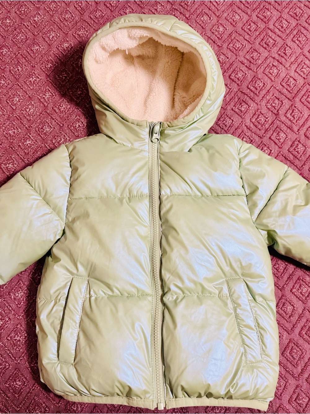 Swiss Tech Light Green Puffer Jacket with Pink Fleece Hood Size 2T